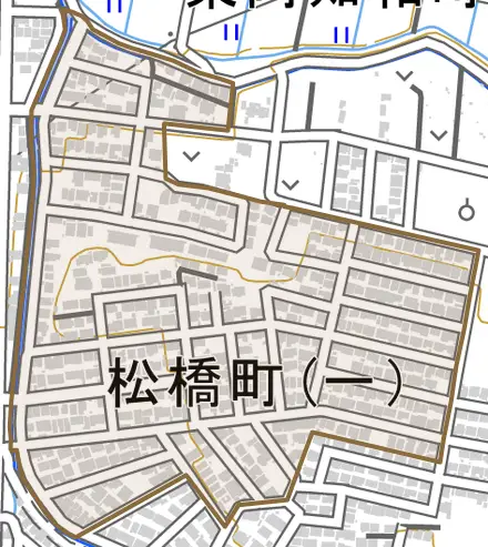 松橋町とその周辺の地図。町の範囲を重ねている