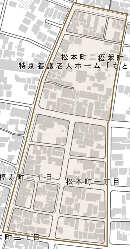 松本町とその周辺の地図。町の範囲を重ねている
