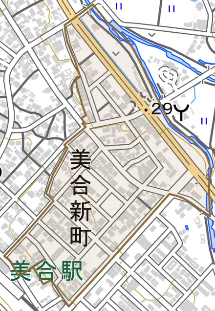 美合新町とその周辺の地図。町の範囲を重ねている