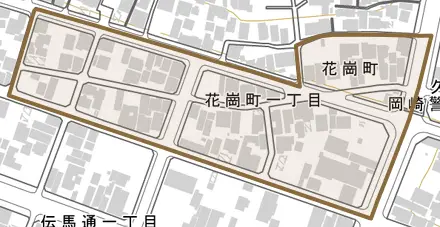 花崗町とその周辺の地図。町の範囲を重ねている
