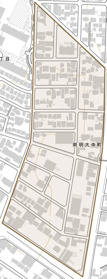 南明大寺町とその周辺の地図。町の範囲を重ねている