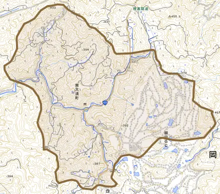 南大須町とその周辺の地図。町の範囲を重ねている