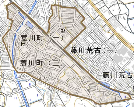 蓑川町とその周辺の地図。町の範囲を重ねている