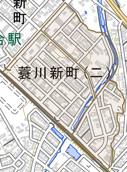 蓑川新町とその周辺の地図。町の範囲を重ねている