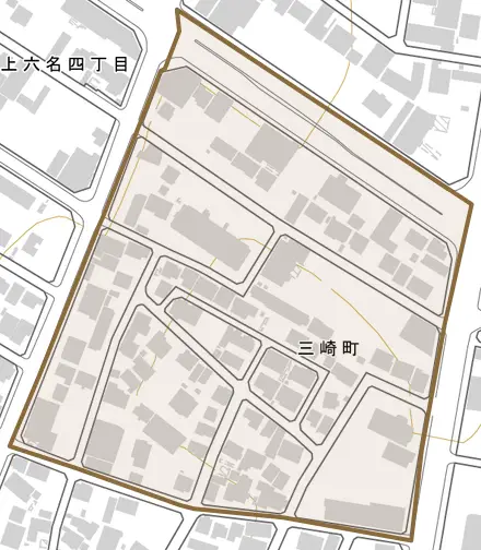 三崎町とその周辺の地図。町の範囲を重ねている