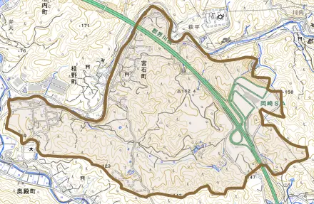 宮石町とその周辺の地図。町の範囲を重ねている