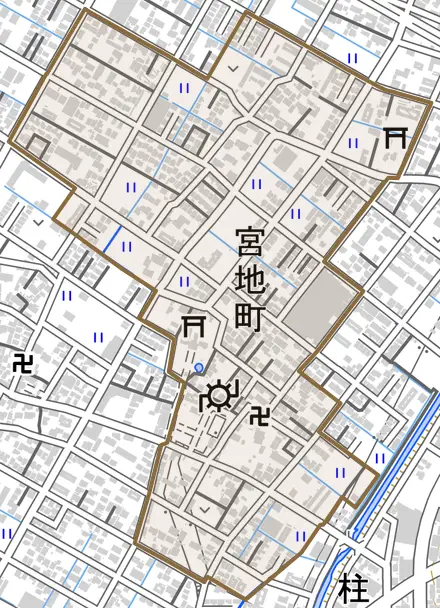 宮地町とその周辺の地図。町の範囲を重ねている