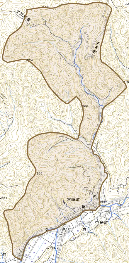 宮崎町とその周辺の地図。町の範囲を重ねている