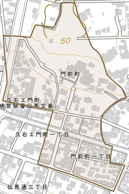 門前町とその周辺の地図。町の範囲を重ねている