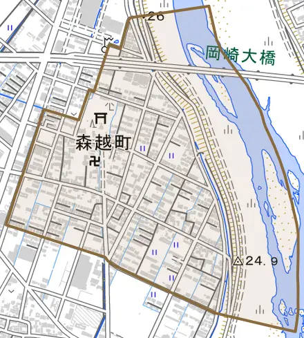森越町とその周辺の地図。町の範囲を重ねている