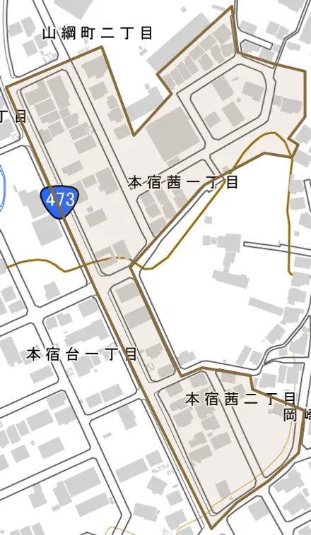 本宿茜とその周辺の地図。町の範囲を重ねている