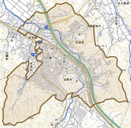 本宿町とその周辺の地図。町の範囲を重ねている