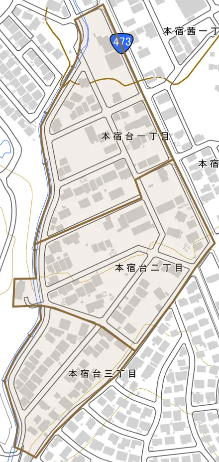 本宿台とその周辺の地図。町の範囲を重ねている