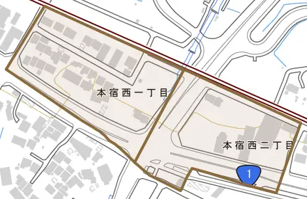 本宿西とその周辺の地図。町の範囲を重ねている
