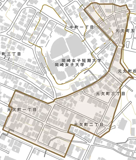元欠町とその周辺の地図。町の範囲を重ねている