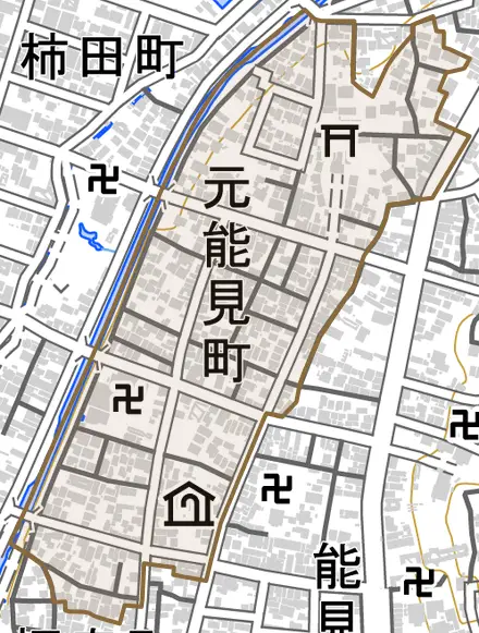 元能見町とその周辺の地図。町の範囲を重ねている