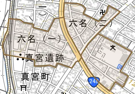 六名とその周辺の地図。町の範囲を重ねている
