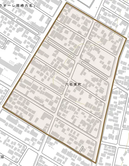 六名東町とその周辺の地図。町の範囲を重ねている