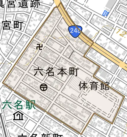 六名本町とその周辺の地図。町の範囲を重ねている