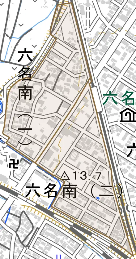 六名南とその周辺の地図。町の範囲を重ねている