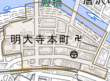 明大寺本町とその周辺の地図。町の範囲を重ねている