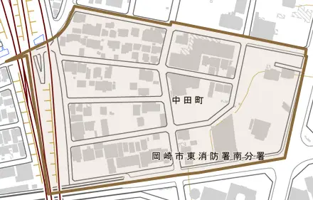 中田町とその周辺の地図。町の範囲を重ねている
