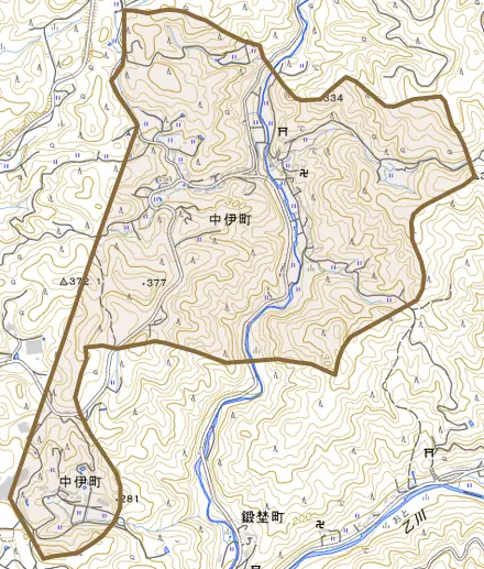 中伊町とその周辺の地図。町の範囲を重ねている