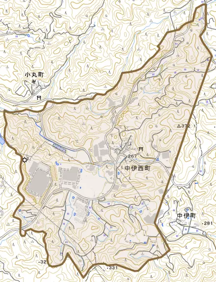 中伊西町とその周辺の地図。町の範囲を重ねている