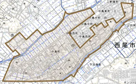中島町とその周辺の地図。町の範囲を重ねている