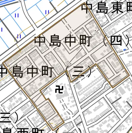 中島中町とその周辺の地図。町の範囲を重ねている
