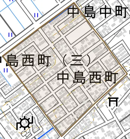 中島西町とその周辺の地図。町の範囲を重ねている