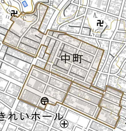 中町とその周辺の地図。町の範囲を重ねている