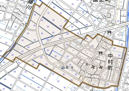 中村町とその周辺の地図。町の範囲を重ねている