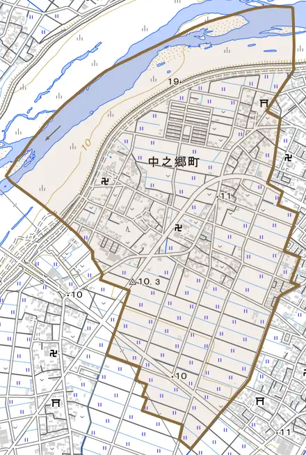 中之郷町とその周辺の地図。町の範囲を重ねている