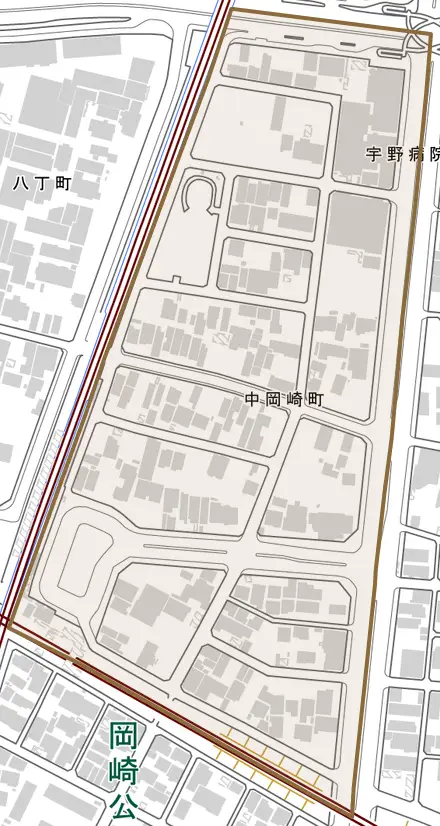 中岡崎町とその周辺の地図。町の範囲を重ねている
