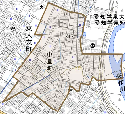中園町とその周辺の地図。町の範囲を重ねている