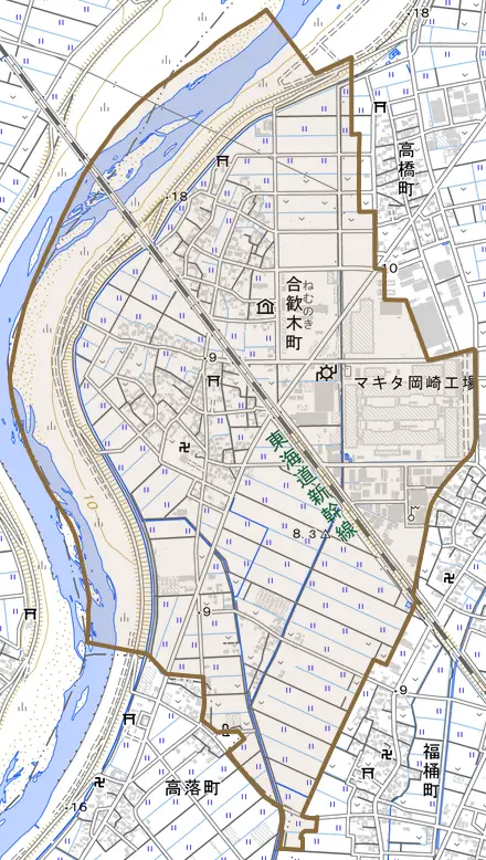 合歓木町とその周辺の地図。町の範囲を重ねている