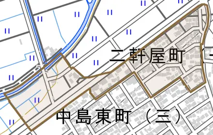 二軒屋町とその周辺の地図。町の範囲を重ねている