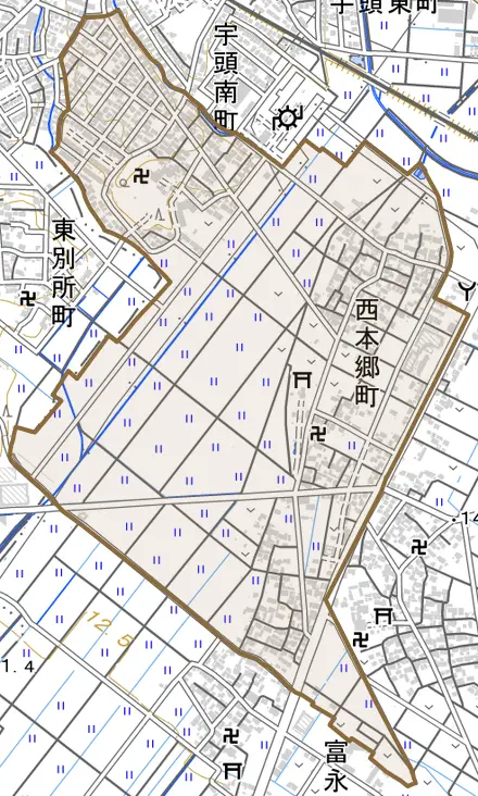 西本郷町とその周辺の地図。町の範囲を重ねている
