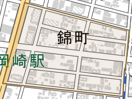 錦町とその周辺の地図。町の範囲を重ねている