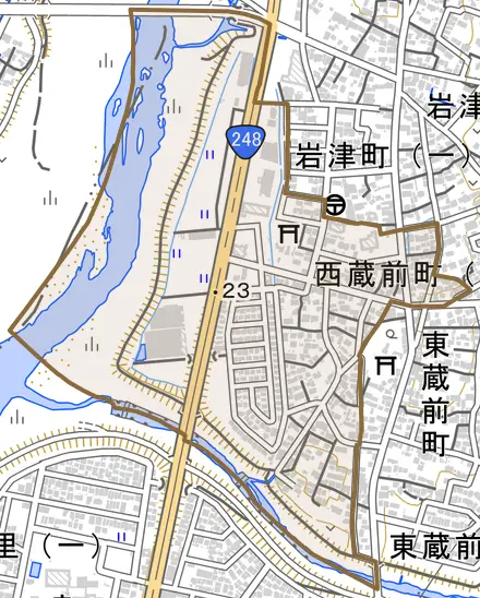 西蔵前町とその周辺の地図。町の範囲を重ねている