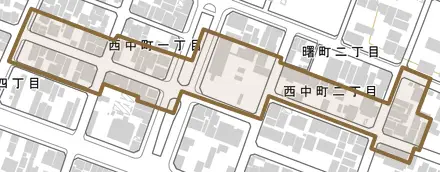 西中町とその周辺の地図。町の範囲を重ねている