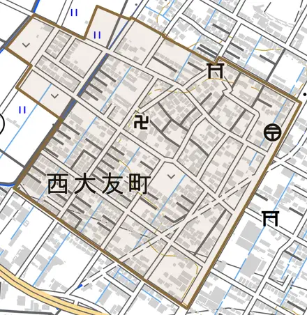 西大友町とその周辺の地図。町の範囲を重ねている