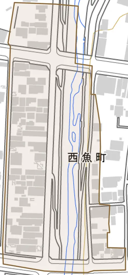 西魚町とその周辺の地図。町の範囲を重ねている