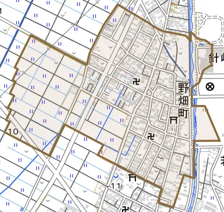 野畑町とその周辺の地図。町の範囲を重ねている