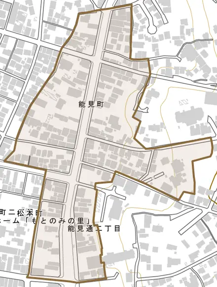 能見町とその周辺の地図。町の範囲を重ねている
