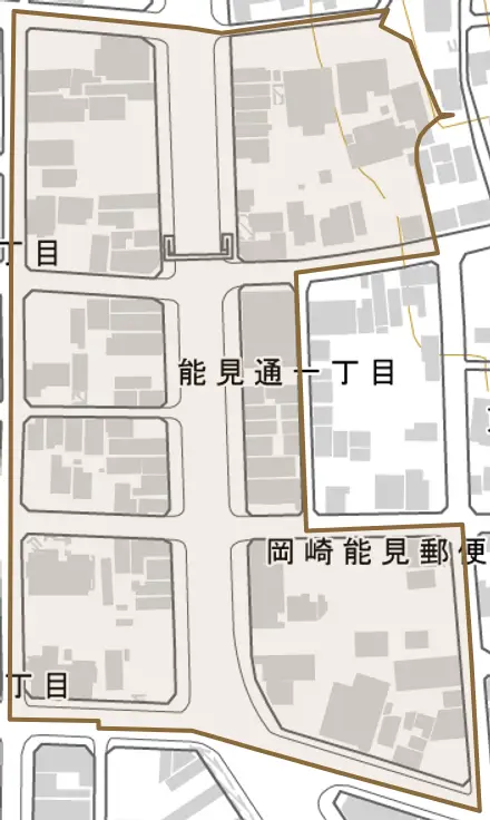能見通とその周辺の地図。町の範囲を重ねている