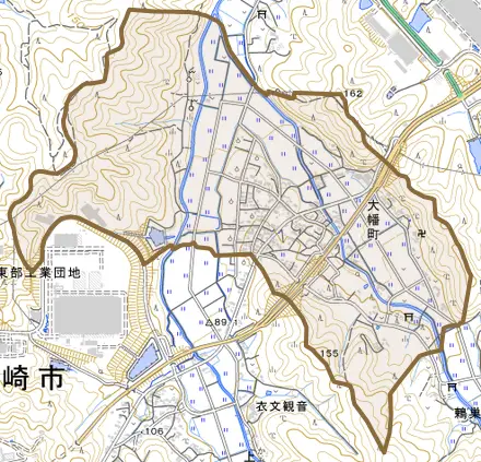 大幡町とその周辺の地図。町の範囲を重ねている