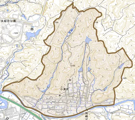 小美町とその周辺の地図。町の範囲を重ねている