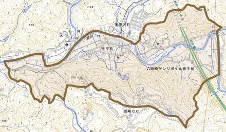 生平町とその周辺の地図。町の範囲を重ねている